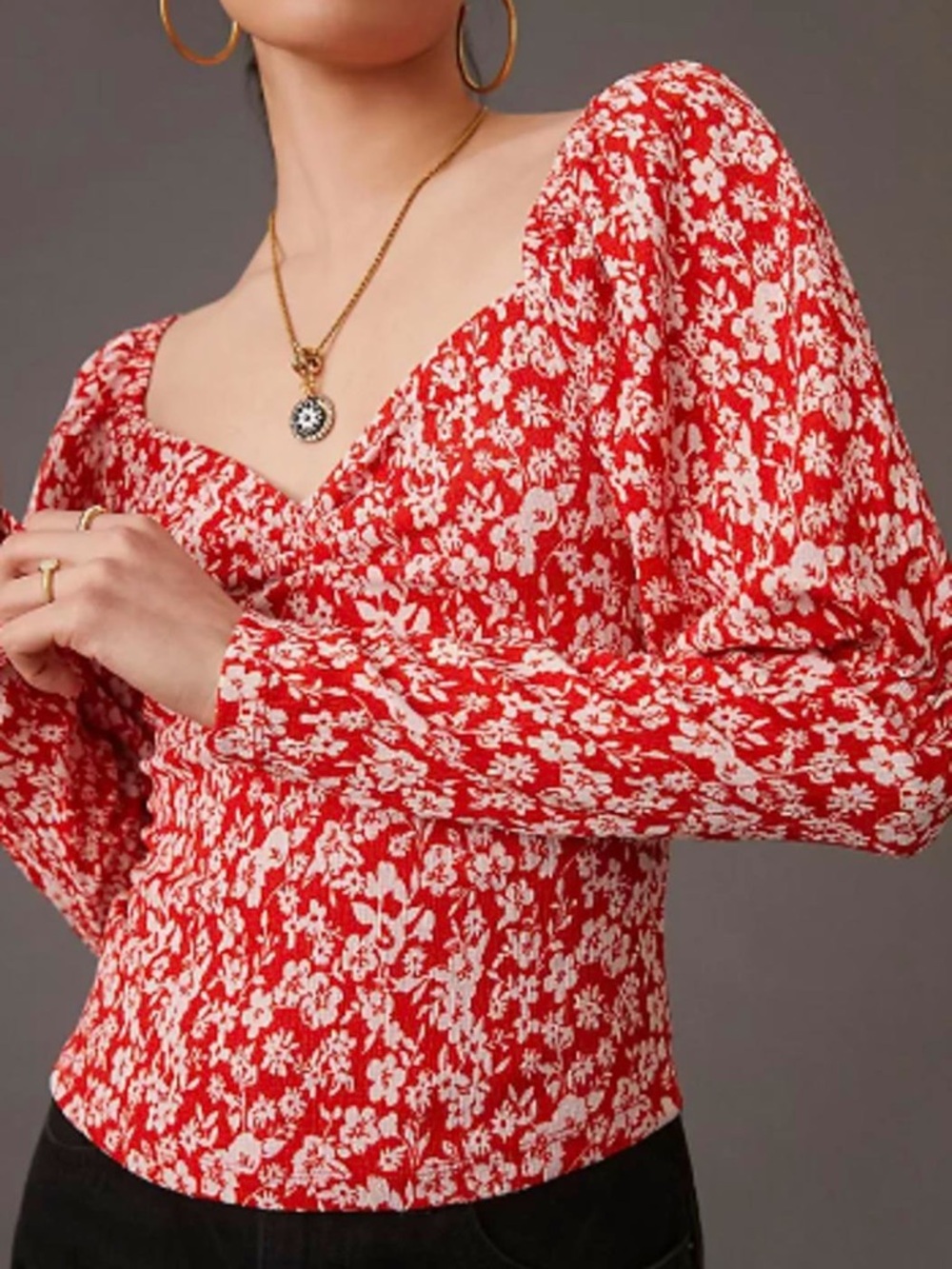 Anthropologie Red and White Floral Puff-Sleeve Square-Neck Top